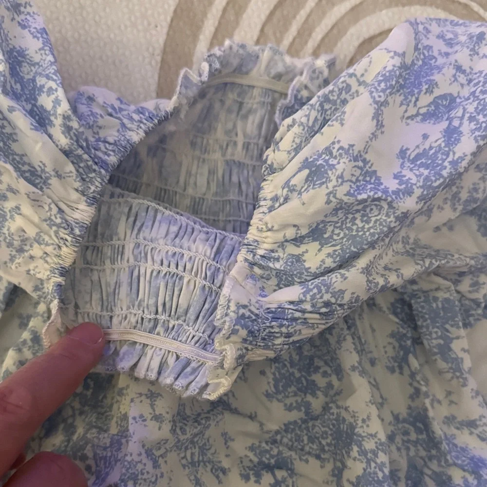 Smocked Puff-Sleeve Baby Romper in Blue Toile